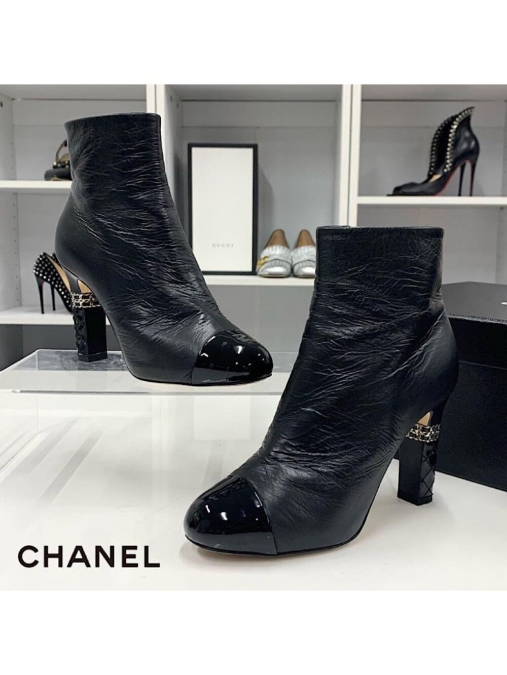 Chanel Leather Patent CC Logo Chain Short Boots Black